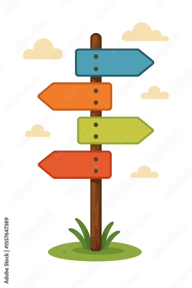 Directional signpost with blank arrows. Concept of choice, decision, opportunity, path, destination, crossroads. Travel, life journey, business strategy. Flat cartoon vector illustration. Directional signpost with blank arrows. Concept of choice, decision, opportunity, path, destination, crossroads. Travel, life journey, business strategy. Flat cartoon vector illustration.