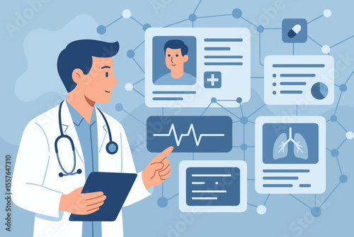 Doctor managing patient electronic health record on a tablet. Healthcare technology illustration. Physician analyzing medical data, diagnostics, chart, EKG, and patient profile.