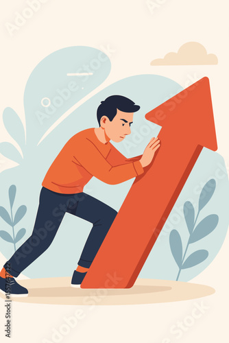 Man pushing large red arrow upwards. Metaphor for motivation, determination, ambition, and achieving goals. Business growth, success, and career development concept. Flat vector.