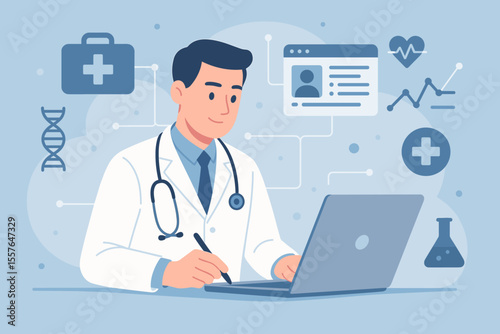 Digital healthcare and telemedicine concept. Doctor at computer working with electronic medical records, EMR. Health tech innovation, online patient consultation, network research.