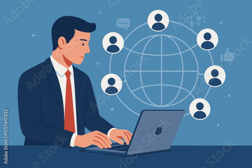 Customer Relationship Management concept. Businessman using laptop to manage global customer network. Digital technology for data exchange, marketing, and client support worldwide.
