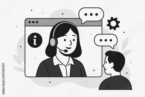 Customer service concept vector. Call center agent with headset providing live support. Online communication for client assistance, tech support, business customer care, and hotline.