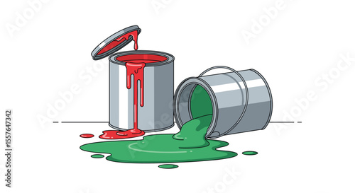 Two Metal Paint Cans Spilling Red and Green Liquid onto a White Surface
