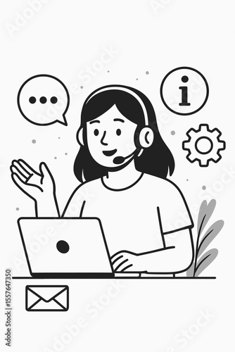 Customer service concept. Live support agent. Woman operator with headset at helpdesk. Call center online communication. Client assistance. Technical help. Information icon. Vector line art.