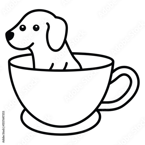 Cute cartoon dog peeking out of a coffee cup with a saucer