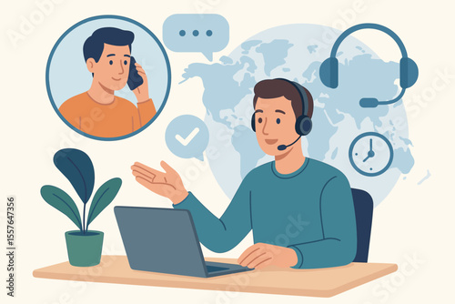 Male hotline operator advises client. Customer service and online global technical support 24/7 concept. Call center agent with headset and laptop. Flat vector cartoon illustration.
