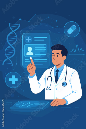 Digital healthcare and medical technology concept. Doctor analyzes electronic medical records on a futuristic holographic interface. Virtual network with DNA helix for biotech research.