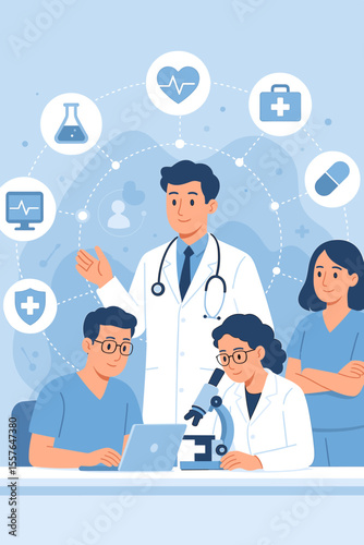 Medical team collaboration for digital healthcare. Doctor, nurse, and scientists in laboratory doing research. Medical technology innovation, network service, and development.