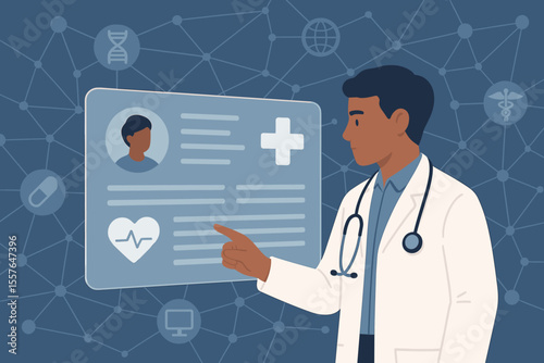Doctor analyzing electronic health record on a virtual interface. Concept for modern digital healthcare, telemedicine, EMR patient data, and global medical network technology.