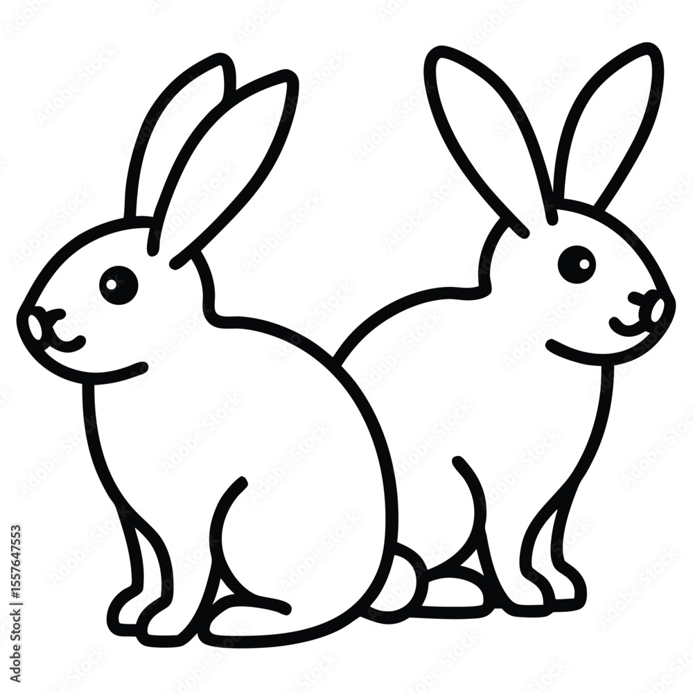 Two cute cartoon rabbits sitting side by side in outline style Two cute cartoon rabbits sitting side by side in outline style