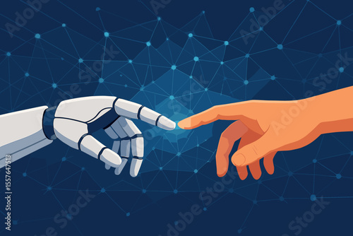 Artificial intelligence concept with robot and human hands touching, a Creation of Adam metaphor. Future technology, machine learning, human-AI partnership, innovation, digital network.