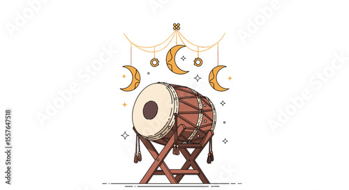 Traditional Islamic Ramadan Drum with Crescent Moon Decorations and Festive Star Accents