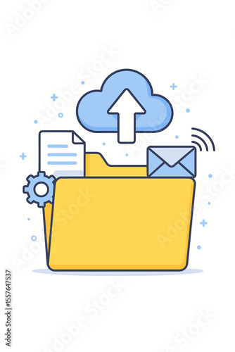 Cloud computing technology concept for data storage and file management. Vector illustration of a folder with documents, email, and settings. Online upload, backup, and archive service icon.
