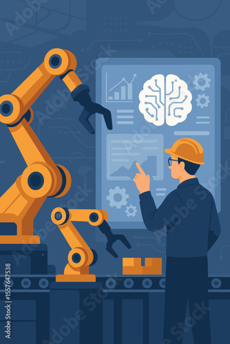 Industry 4.0 concept with engineer controlling robotic arms on an AI interface. Smart factory automation with digital technology for production optimization and manufacturing.