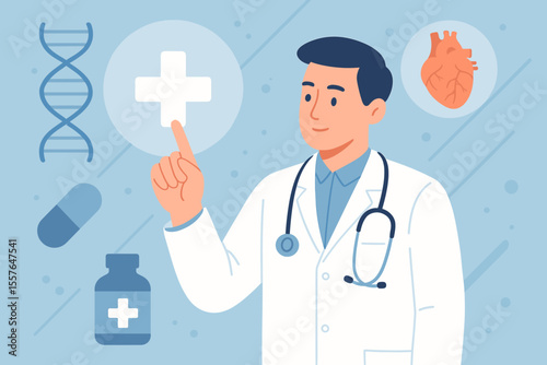Doctor touching a white cross icon on a virtual screen. Healthcare and medical concept with DNA, heart, and medicine symbols. Digital diagnosis, health insurance, science, and research.