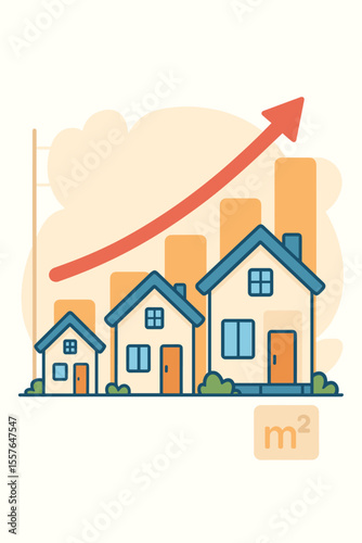 Real estate investment and property market growth concept. Houses of increasing size with a rising bar chart and upward arrow. Housing price appreciation and sales boom vector illustration.