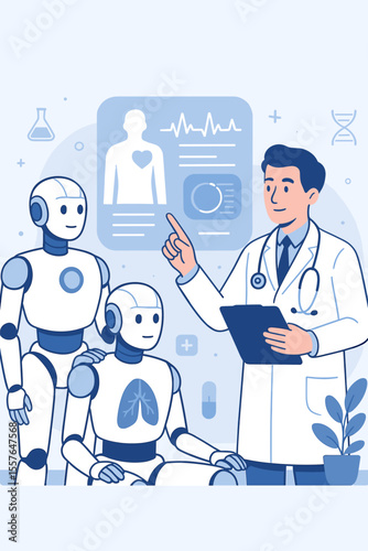 Medical technology with doctor and AI robots for diagnosis and patient care. Futuristic healthcare concept with artificial intelligence, medical research, and development innovation.
