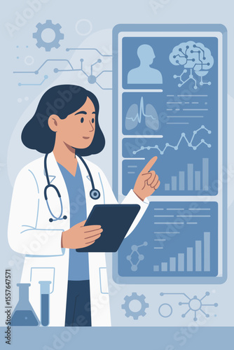 Doctor analyzing patient data with AI technology on futuristic screen. Medical diagnostics and research concept. Healthcare innovation with digital interface, charts, and analysis.
