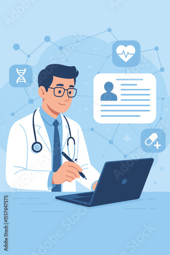 Doctor at computer managing electronic medical record. Digital healthcare, telemedicine, online consultation concept. EMR and EHR system. Modern medical technology and scientific innovation.