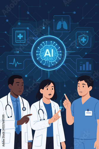 Medical team of doctors using futuristic AI technology to analyze patient electronic medical records on a holographic interface. Digital healthcare, healthtech, and innovation concept.