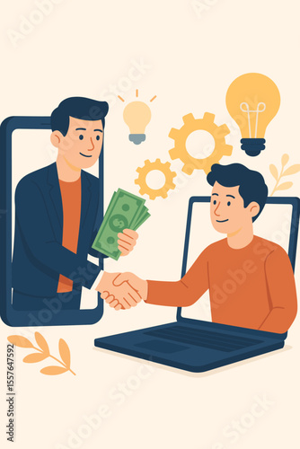 Business investment online concept. Virtual handshake for startup funding and new idea. Investor transaction with money. Remote partnership and digital deal via laptop and phone. Vector.
