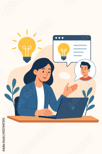 Businesswoman in online meeting on laptop. Video conference call with colleague or client. Concept for collaboration, brainstorming, creative ideas, innovation with light bulb. Vector