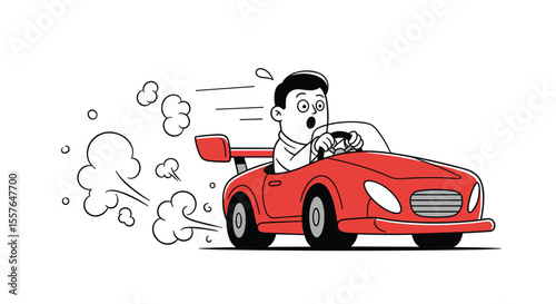 Excited Man Drives Fast Sports Car With Smoke Puffs Emitting From Exhaust System