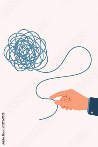 Tangle tangled and unraveled abstract metaphor. Business problem solving concept. Psychotherapy and coaching. Hand untangling messy knot. Finding a solution, order from chaos.