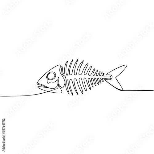 One line fish skeleton drawing in a minimalist style in black and white for a logo or tattoo