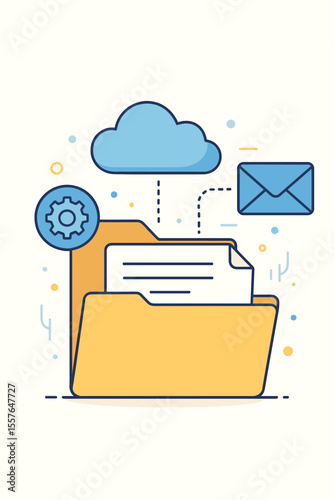 Cloud storage and data processing vector concept. Flat illustration of document management, folder, file transfer, email sending, and settings icon. Modern design for web and apps.