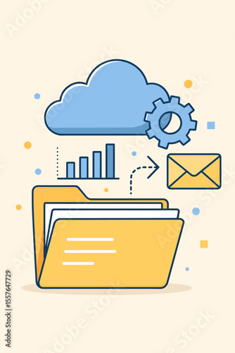 Cloud computing and data processing concept. Document management folder with analytics graph, sending email message. Flat vector illustration for business workflow, web, marketing.