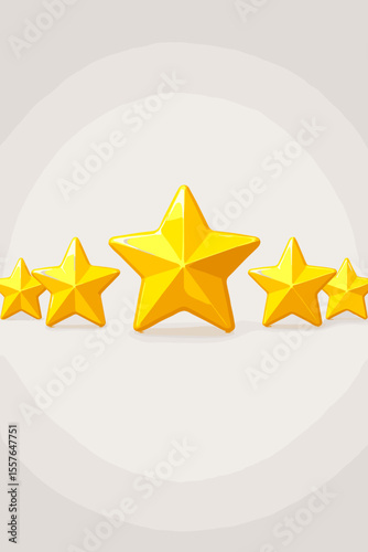 Five star rating concept for customer satisfaction. 3D golden yellow glossy stars. Best performance evaluation. High quality review feedback. Client achievement and service score.