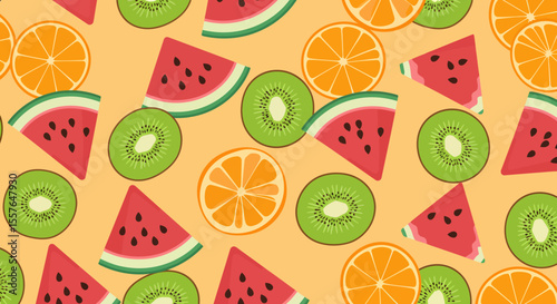 Vibrant Fruit Medley Sliced Oranges Kiwi Halves and Watermelon Wedges Pattern.