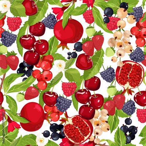 Seamless vector illustration with berries and pomegranates on a white background. For decorating textiles, packaging, cosmetics.