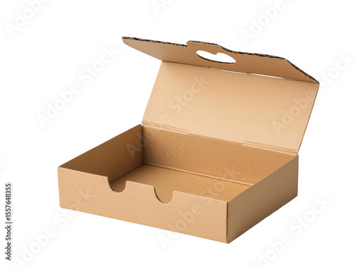 Empty cardboard box with open lid, ideal for packaging and storage, showcased on a clean white background, versatile for various applications and uses