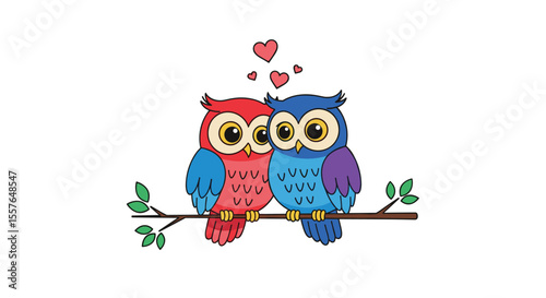 Charming Owl Couple Sitting Together on a Branch with Love Hearts Floating Above