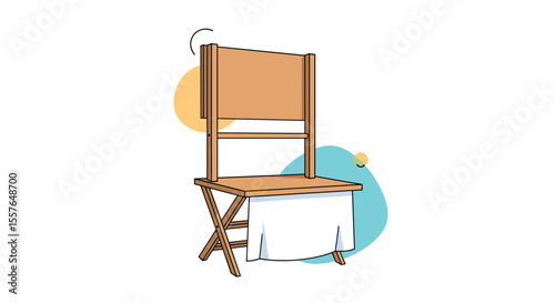 Wooden Folding Chair with White Fabric Seat and Backrest and Abstract Shapes Background