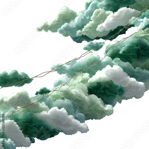 A pastel green birthday streamer with cloud shapes, isolated on a white background