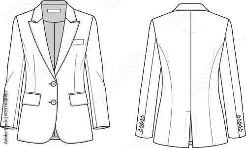 Women's Classic Single-Breasted Blazer Jacket Flat Fashion Sketch Technical Drawing Apparel Design Template Front and Back View White Background, cad drawing flat vector illustration