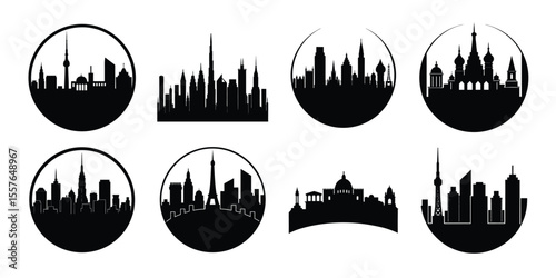 Different City silhouette skyline collection. Set of black city silhouette. Night town skyline icons. 
