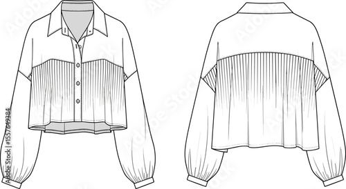 Women's Cropped Blouse Shirt with Pintuck Detail and Volume Sleeves Flat Fashion Sketch Technical Drawing Apparel Design Template Front Back View, cad drawing flat vector illustration