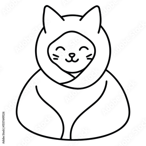 Cute cartoon cat wearing a hood with a happy expression and closed eyes