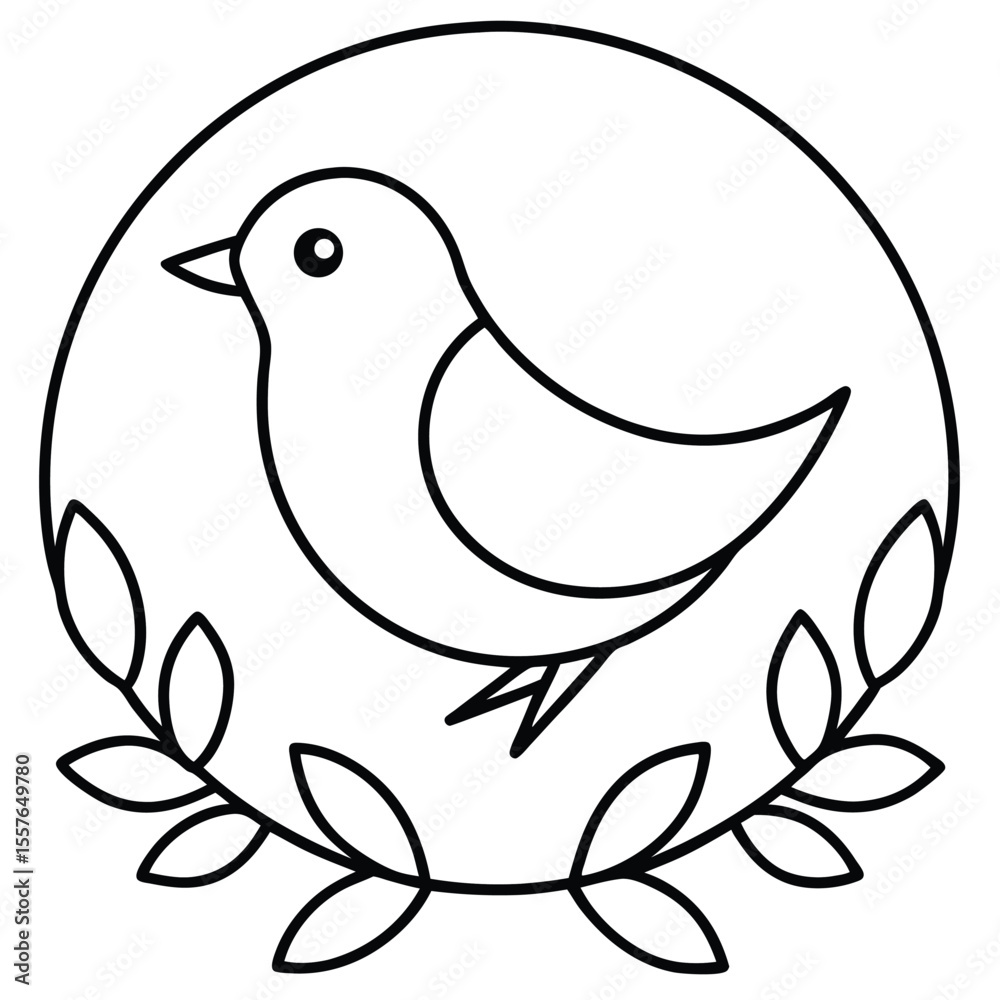 Obraz premium Simple outline drawing of a cute bird perched within a circular frame adorned with leaves