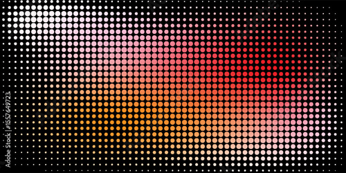 Colorful halftone dot background black smooth gradient blending from red to orange and pink tones. Retro comic-style abstract pattern ideal for pop art, posters, digital graphics, 