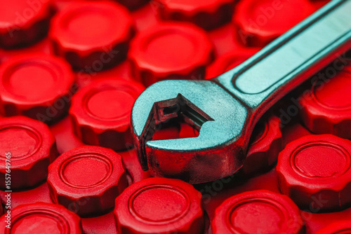 automotive repair battery replacement workshop tools. Close-up of a socket wrench tightening battery clamps, ensuring