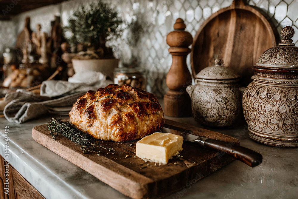 Fototapeta premium Freshly baked bread with butter on a wooden board in a rustic kitchen setting Generative AI