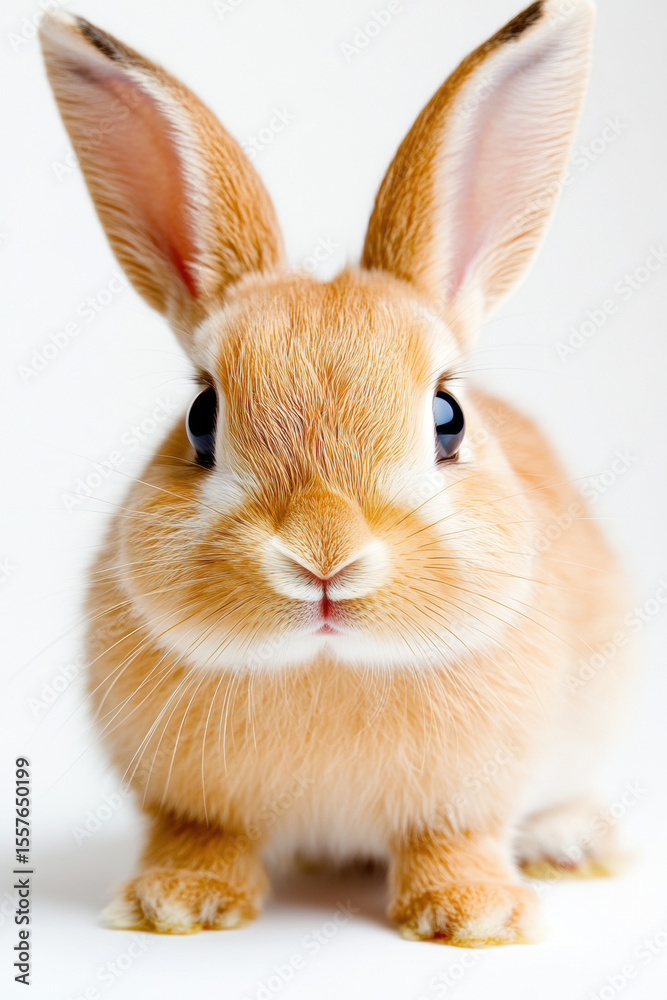 Fototapeta premium Young rabbit with floppy ears sniffing the air, isolated against a bright white background, full of curiosity.