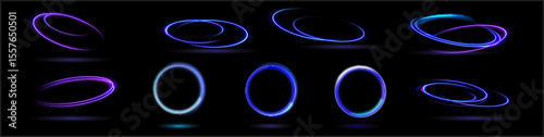 Neon swirl. Curve blue line light effect. Abstract ring background with glowing swirling background. Energy flow tunnel. Blue portal, platform. Magic circle vector.