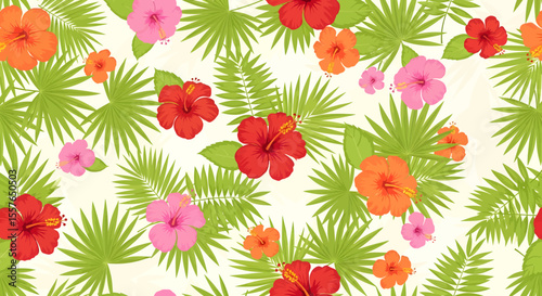 Vibrant hibiscus flowers and palm fronds create a tropical pattern.