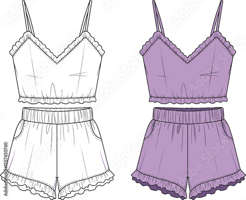 Women's Lingerie Pajama Set with Camisole Top and Shorts Flat Fashion Sketch Technical Drawing Apparel Design Template Front View White and Color, cad drawing flat vector illustration